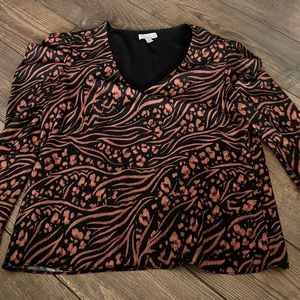 Allison Joy- black and orange patterned top. Size M